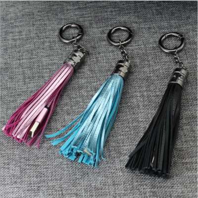 USB Cable Leather tassel Keychain  fast charger Metal keyring Data cable cord charging  for iph/ Android